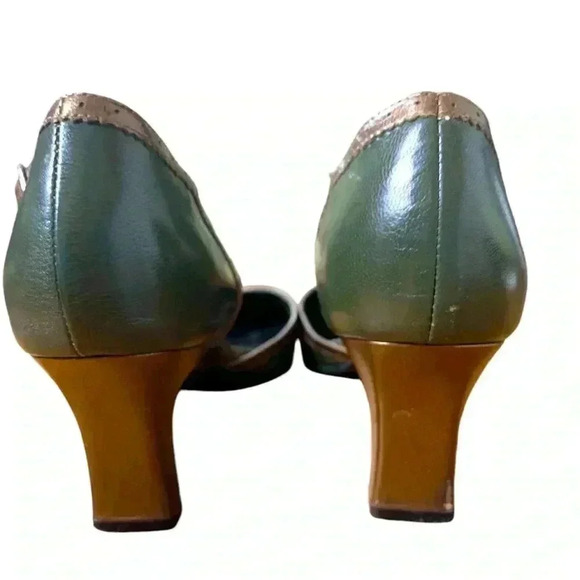 Vintage Pierre Michel Delicate Olive Green w Bronze Trim, Ankle  Strap Heels - Picture 5 of 13